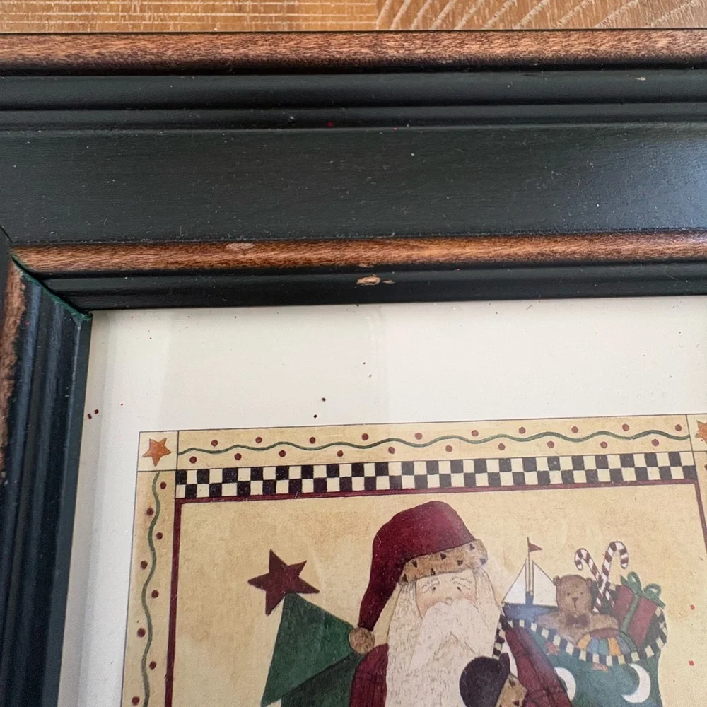 Vtg Folk Art Santa Claus Prints by Debbie Mumm 1990's Dark Green Wood Frame (2)